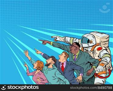 People point with their hand. Template advertising announcement news sale. Businessman woman man astronaut Pop Art Retro Vector Illustration 50s 60s Style Kitsch Vintage Drawing. People point with their hand. Template advertising announcement news sale. Businessman woman man astronaut Pop art style