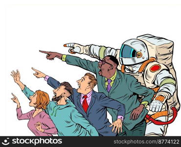 People point with their hand. Template advertising announcement news sale. Businessman woman man astronaut Pop Art Retro Vector Illustration 50s 60s Style Kitsch Vintage Drawing. People point with their hand. Template advertising announcement news sale. Businessman woman man astronaut Pop art style