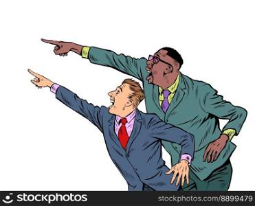 People point with their hand. Template advertising announcement news sale. Two male businessmen, partners. Pop Art Retro Vector Illustration 50s 60s Style Kitsch Vintage Drawing. People point with their hand. Template advertising announcement news sale. Two male businessmen, partners Pop art style