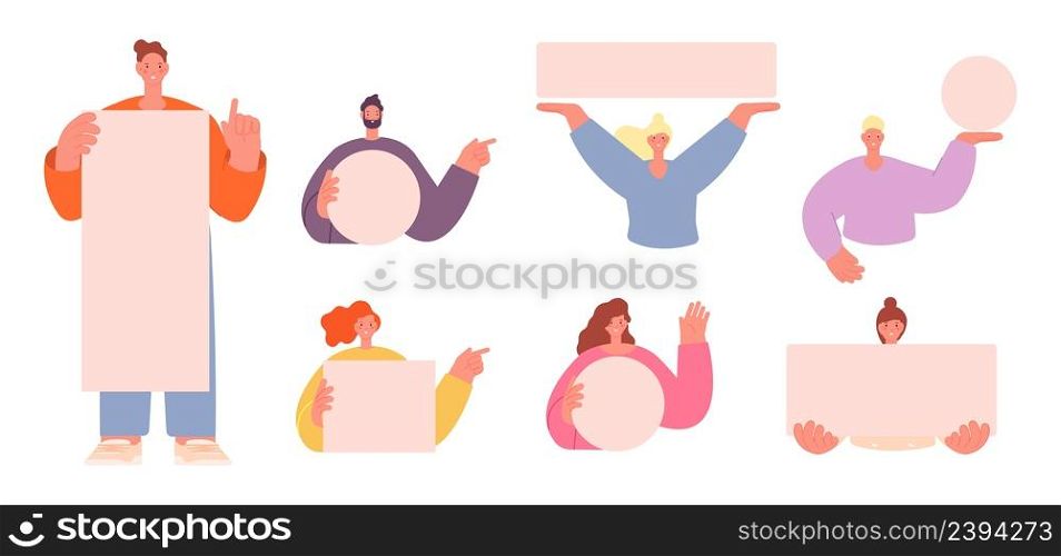 People pointing on something. Woman man holding banners, happy person with blank placard point fingers or hands, vector characters. Illustration of person showing banner. People pointing on something. Woman man holding banners, happy person with blank placard point fingers or hands, vector characters