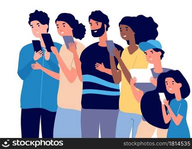 People portrait with gadgets. Diverse adults kids teenager use smartphones tablets. Happy call phone, chatting or watch on screen vector. Illustration young teenager addiction smartphone and tablet. People portrait with gadgets. Diverse adults kids teenager use smartphones and tablets. Happy crowd call phone, chatting or watch on screen, isolated different characters vector concept