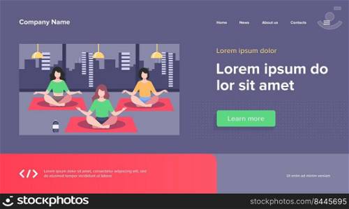 People practicing yoga. Women exercising at yoga class, sitting in lotus pose, meditating with teacher. Vector illustration can be used for physical activity, fitness, gym concept
