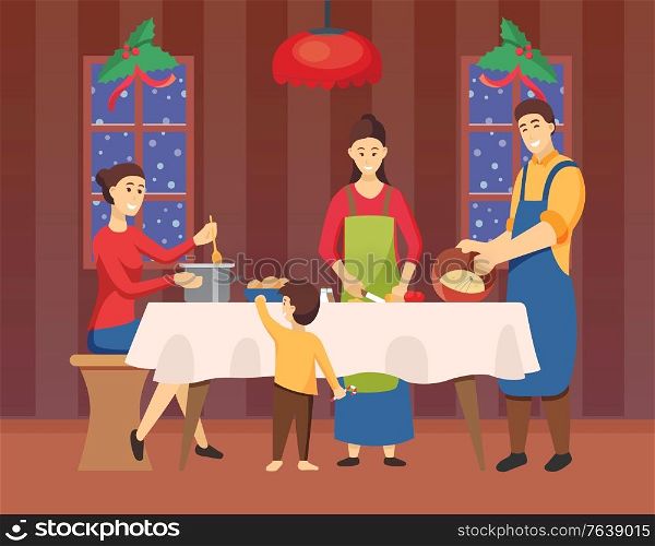 People preparation for Christmas, man and woman cooking together. Smiling male and female character mixing and cutting products at home. Parents and son wearing apron standing in kitchen vector. Family Cooking Together for Xmas Holiday Vector