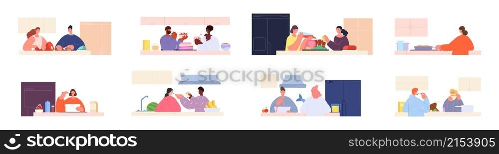 People prepare food. Delicious lunch, cooking on kitchen. Isolated person bake, do vegetarian and meat home meal. Vegan chef, utter vector scenes. Illustration people cooking together dinner or lunch. People prepare food. Delicious lunch, cooking on kitchen. Isolated person bake, do vegetarian and meat home meal. Vegan chef, utter vector scenes