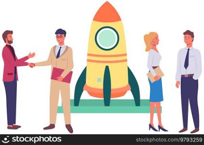 People prepare rocket for launch. Teamwork and startup concept. Businesspeople launching business project startup, business strategy successful. Entrepreneurs create new project with spaceship. Entrepreneurs create new project, startup with spaceship. Businesspeople prepare rocket for launch