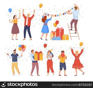 People prepare to birthday. Celebrate holiday party with garlands balloons ch&agne confetti cake, present gift box, happy congratulation, isolated vector illustration. Happy birthday woman and man. People prepare to birthday. Celebrate holiday party with garlands balloons ch&agne confetti cake, present gift box, happy congratulation, swanky isolated vector illustration