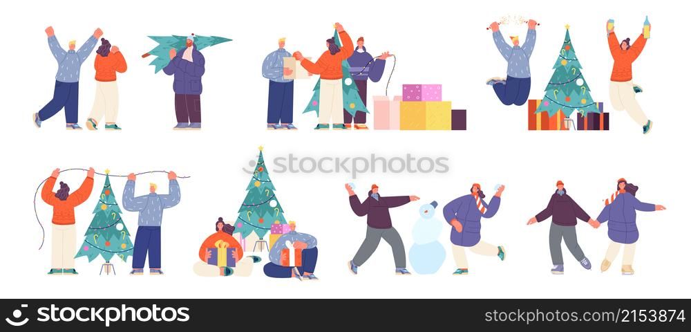 People prepare to holidays. Christmas party, friends happy new year. Couple decorate xmas tree, cute cartoon teens with gifts utter vector scenes. Illustration christmas party and new year celebrate. People prepare to holidays. Christmas party, friends happy new year. Couple decorate xmas tree, cute cartoon teens with gifts utter vector scenes