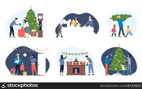 People prepare to holidays. Family christmas and new year party. Parents and children with fir tree and gifts. Person hold present box, winter holiday vector scenes illustration of christmas family. People prepare to holidays. Family christmas and new year party. Parents and children with fir tree and gifts. Person hold present box, winter holiday recent vector scenes