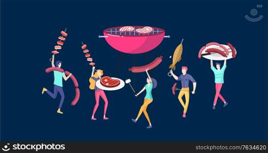 People preparing barbecue. BBQ party. People grilling meat. Conceptual Modern and Trendy colorful vector illustration. Web template.. People preparing barbecue. BBQ party. People grilling meat. Conceptual Modern and Trendy colorful vector illustration