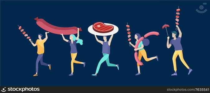 People preparing barbecue. BBQ party. People grilling meat. Conceptual Modern and Trendy colorful vector illustration. Web template.. People preparing barbecue. BBQ party. People grilling meat. Conceptual Modern and Trendy colorful vector illustration