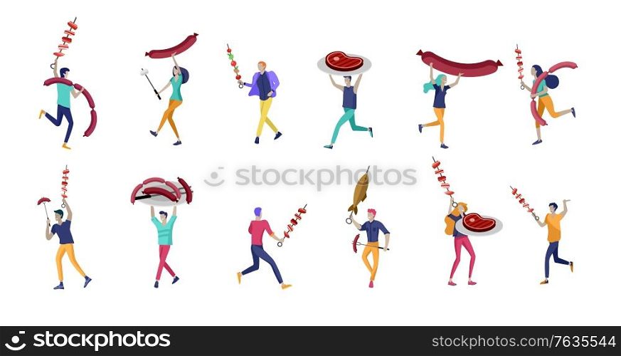 People preparing barbecue. BBQ party. People grilling meat. Conceptual Modern and Trendy colorful vector illustration. Web template.. People preparing barbecue. BBQ party. People grilling meat. Conceptual Modern and Trendy colorful vector illustration