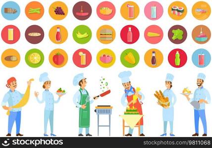 People preparing dish, meal. Chefs work with kitchen equipment to prepare food. Male characters fry with pan, cut vegetables, mix, add ingredients of dish. Set of chefs creating restaurant meal. Set of chefs creating restaurant meal. People fry with pan, cut vegetables, add ingredients to dish