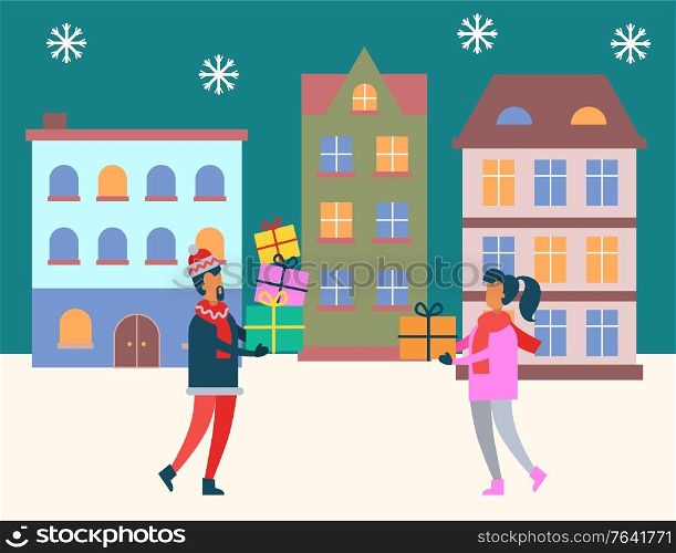 People preparing for winter holidays vector, man and woman carrying presents for Christmas. City at night with snowing weather and snowflakes falling down. Male and female with gifts in boxes. Winter City, People Carrying Presents on Holidays