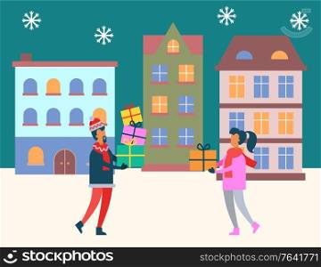 People preparing for winter holidays vector, man and woman carrying presents for Christmas. City at night with snowing weather and snowflakes falling down. Male and female with gifts in boxes. Winter City, People Carrying Presents on Holidays
