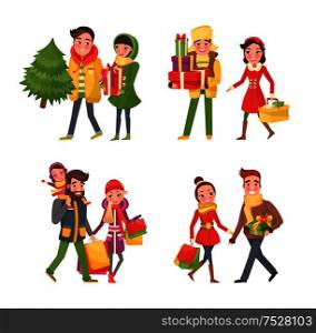 People preparing to celebrate Christmas winter holiday vector. Couple with bought pine tree and presents in box with bow. Family with kids, man woman. People Preparing to Celebrate Christmas Holiday