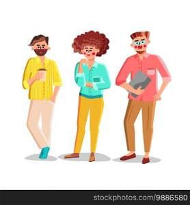 People Professional Occupation And Business Vector. Programmer Holding Laptop, Bearded Man Holding Drink Cup And Smiling Young Woman, Team Occupation. Characters Flat Cartoon Illustration. People Professional Occupation And Business Vector