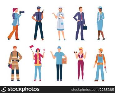 People professions and occupations, policeman, fireman, repair worker and doctor. Flat male and female character in job uniform vector set. Illustration of people occupation and profession job. People professions and occupations, policeman, fireman, repair worker and doctor. Flat male and female characters in job uniform vector set