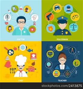 People professions flat icons set with doctor policeman chef teacher isolated vector illustration