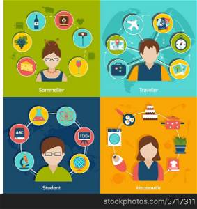 People professions flat icons set with sommelier traveler student housewife isolated vector illustration