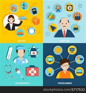 People professions flat icons set with waiter director veterinarian programmer isolated vector illustration