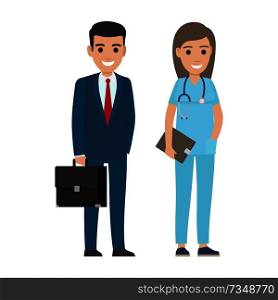 People professions vector characters. Businessman with briefcase and woman doctor with stethoscope cartoon characters isolated on white. Occupations flat illustration for labor day, job concepts. Professions People Cartoon Vector Characters