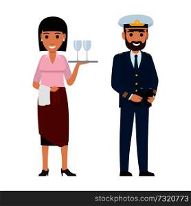 People professions vector characters. Waiter woman with glasses on tray and captain with binoculars cartoon personages isolated on white. Occupations flat illustration for labor day or job concepts. Professions People Cartoon Vector Characters