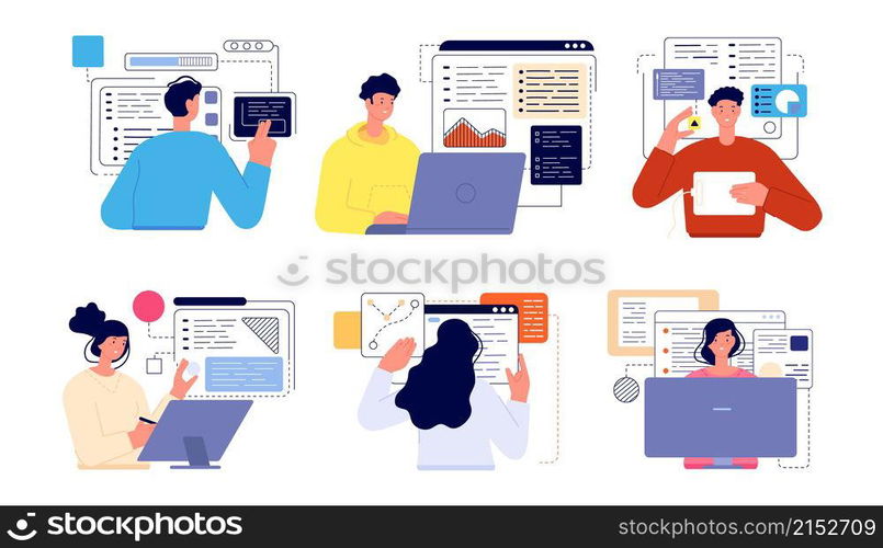 People programming. Professional geek, working screens java technology coder. Cartoon flat computer developer, engineers utter vector characters. Professional programmer geek, computer coder. People programming. Professional geek, working screens java technology coder. Cartoon flat computer developer, engineers utter vector characters