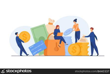 People protecting their cash. Men and women taking out financial insurance, defending money, business, bank account. Vector illustration for finance, safety, assurance, guarantee concept