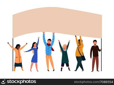 People protest. Male female activists with banners and placards in politics manifestation. Vector illustration man and woman holding political poster. People protest. Male female activists with banners and placards in politics manifestation. Man and woman holding political poster