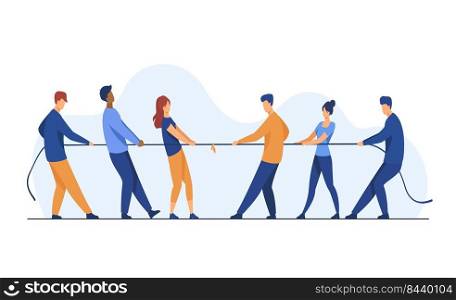 People pulling opposite ends of rope flat vector illustration. Tug of war contest between office workers. Competition challenge and confrontation concept