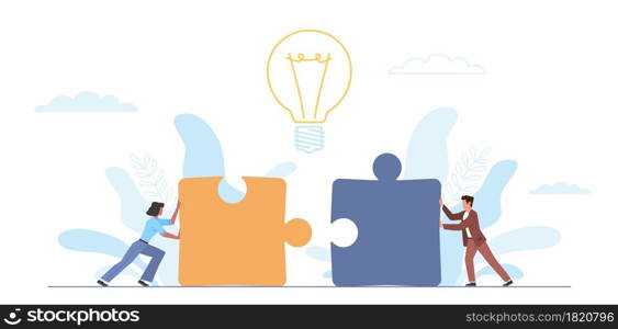 People push puzzle. Teamwork successful, idea implementation collaboration, tiny man and woman putting together big puzzle. Partnership in company and relationships. Vector cartoon isolated concept. People push puzzle. Teamwork successful, idea implementation collaboration, tiny man and woman putting together big puzzle. Partnership in company and relationships. Vector concept