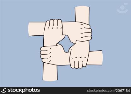 People put join hands together show team unity and bond. Diverse employees or workers engaged in teambuilding activity. Teamwork and cooperation concept. Flat vector illustration. . People join hands together show unity