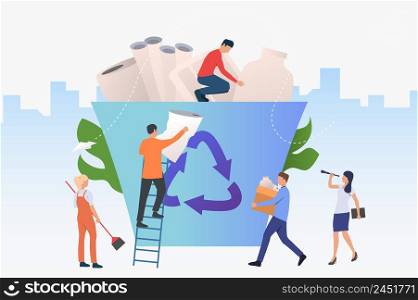 People putting garbage into big recycling bin. Protection, solution, ecology concept. Vector illustration can be used for topics like recycling, pollution, environment. People putting garbage into big recycling bin
