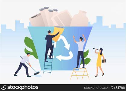People putting rubbish into big recycling bin. Protection, solution, ecology concept. Vector illustration can be used for topics like recycling, pollution, environment. People putting rubbish into big recycling bin