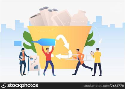 People putting rubbish into big recycling bin, statistics chart. Protection, solution, ecology concept. Vector illustration can be used for topics like recycling, pollution, environment. People putting rubbish into big recycling bin, statistics chart