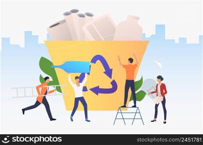People putting rubbish into recycling bin, holding bottle, bulb. Protection, solution, ecology concept. Vector illustration can be used for topics like recycling, pollution, environment. People putting rubbish into recycling bin, holding bottle, bulb
