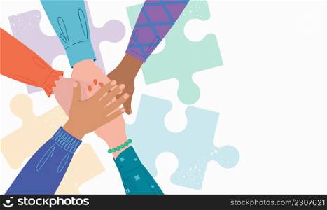 People putting their hands together. Unity and support gesture. Concept of support, teamwork and cooperation. Flat vector illustration. People putting their hands together. Unity and support gesture. Concept of support, teamwork and cooperation. Flat vector illustration.