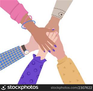 People putting their hands together. Unity and support gesture. Concept of support, teamwork and cooperation. Flat vector illustration. People putting their hands together. Unity and support gesture. Concept of support, teamwork and cooperation. Flat vector illustration.
