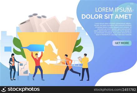 People putting trash into big recycling bin and sample text. Protection, solution, ecology concept. Presentation slide template. Vector illustration for topics like recycling, pollution, environment. People putting trash into big recycling bin and sample text