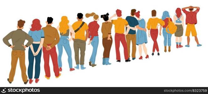 People queue from behind, male and female characters stand in line back view. Men and women wait in shopping mall, supermarket, atm, airport registration desk, Cartoon linear flat vector illustration. People queue from behind, characters stand in line