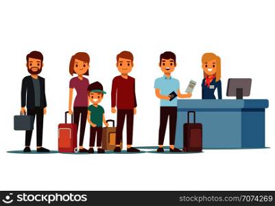 People queue in airport at registration desk. Vacation and travel vector concept. Queue people tourist to check desk illustration. People queue in airport at registration desk. Vacation and travel vector concept