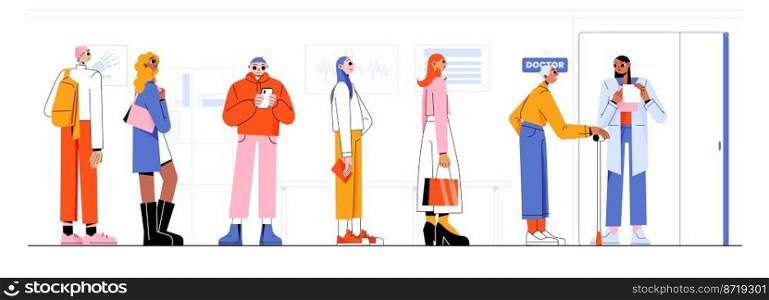 People queue in clinic hall, characters waiting in line for medical appointment. Doctor invite patients to cabinet, young and senior characters in hospital lobby, Line art flat vector illustration. People queue in clinic hall, characters waiting