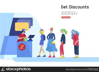 People queue in supermarket with cashier, where to buy concept of customer and shop assistant. Selling interaction, purchasing process. Creative landing page design template. People Shopping in supermarket. Woman in supermarket with cashier, where to buy concept of customer and shop assistant. Selling interaction, purchasing process. Creative landing page