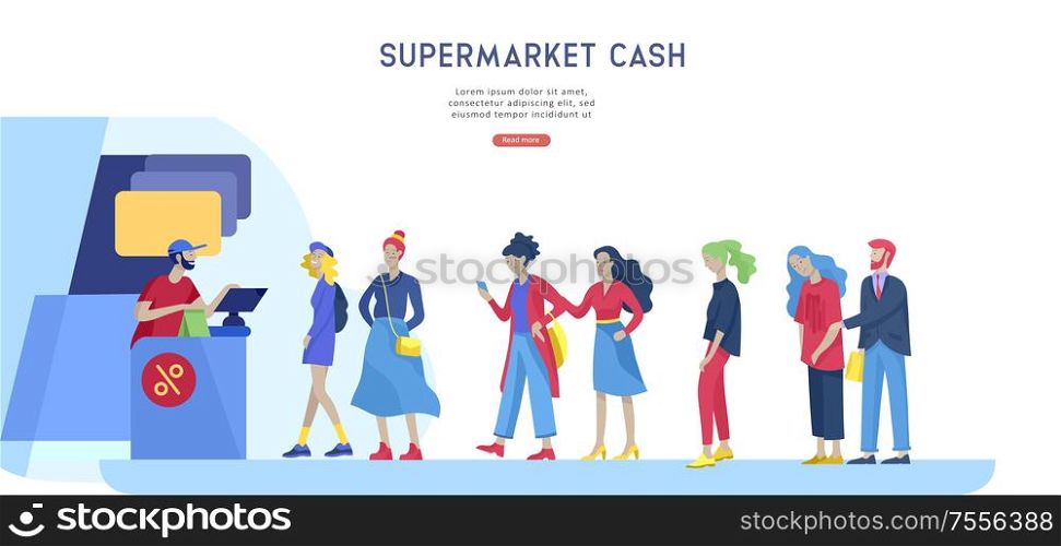 People queue in supermarket with cashier, where to buy concept of customer and shop assistant. Selling interaction, purchasing process. Creative landing page design template. People Shopping in supermarket. Woman in supermarket with cashier, where to buy concept of customer and shop assistant. Selling interaction, purchasing process. Creative landing page