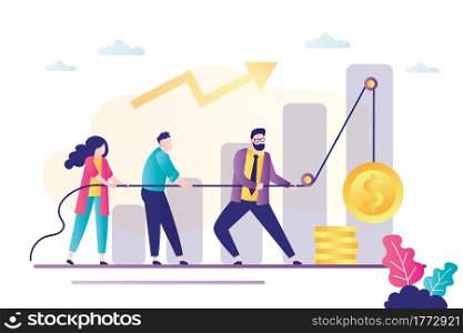 People raise golden coin using a rope. Profit and Income Increase. Teamwork, businesspeople working together. Growth chart and office workers or employees. Trendy flat vector illustration. People raise golden coin using a rope. Profit and Income Increase. Teamwork, businesspeople working together. Growth chart