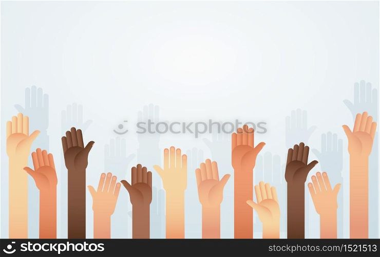 People raised hands different skin color vector. Voting, democracy or volunteering concept