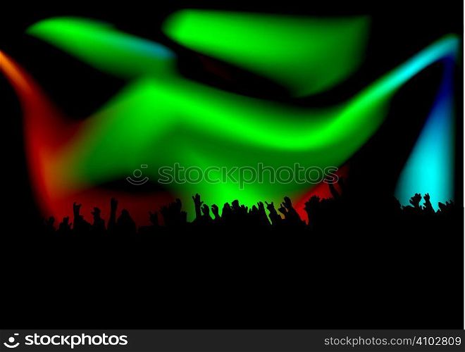 people raising their hands at a rock concert with bright spot lights