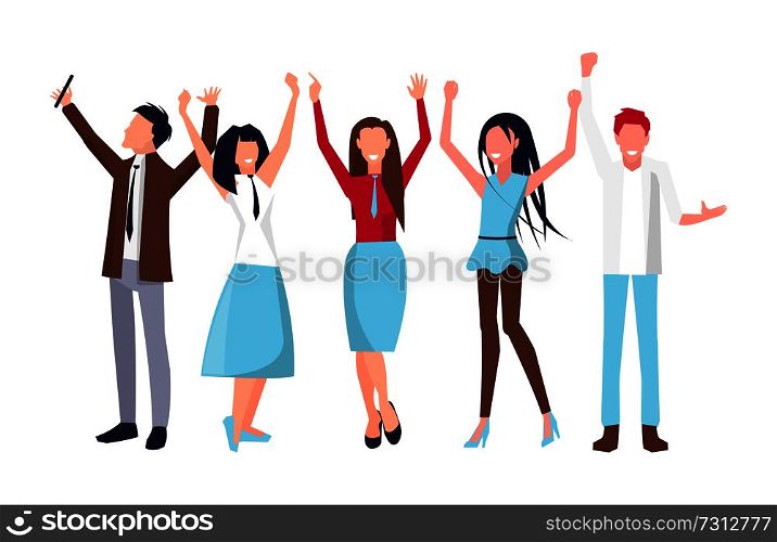 People raising their hands while man dressed in brown jacket taking photo of his colleagues, represented on vector illustration isolated on white. People Raising Their Hands on Vector Illustration