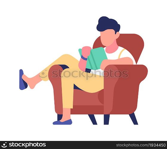 People read book. Adult man while reading, bibliophile and book lover, getting knowledge at home, character sitting in armchair, development and education, vector flat cartoon isolated illustration. People read book. Adult man while reading, book lover, getting knowledge at home, character sitting in armchair, development and education, vector flat cartoon isolated illustration