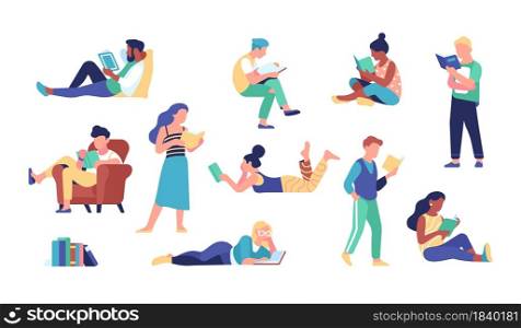 People read books. Adults characters while reading, bibliophiles and book lovers, getting knowledge, development and education reader vector set. People read books. Adults characters while reading, bibliophiles and book lovers, getting knowledge, development and education vector set